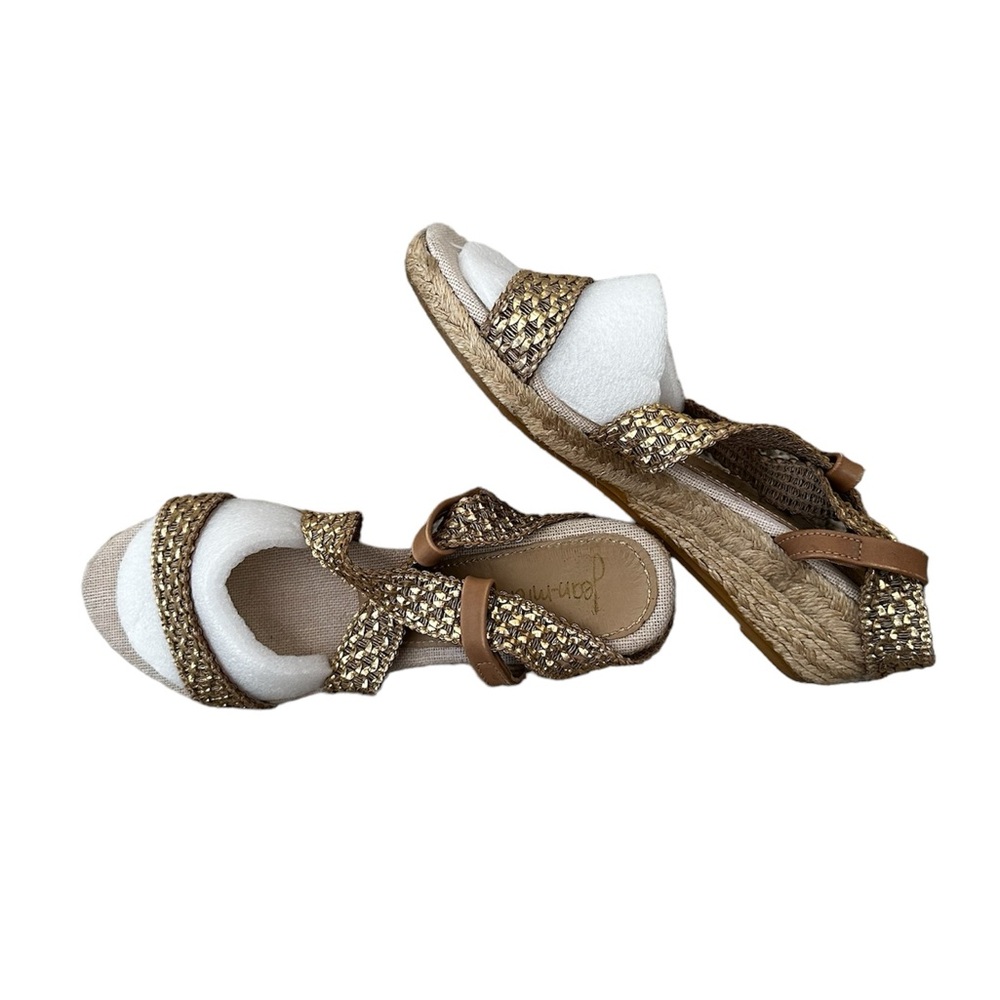 Gold Leather Designer Jean-Michel Cazabat Jute Wedge Sandal Shoe sz 6.5 EUC